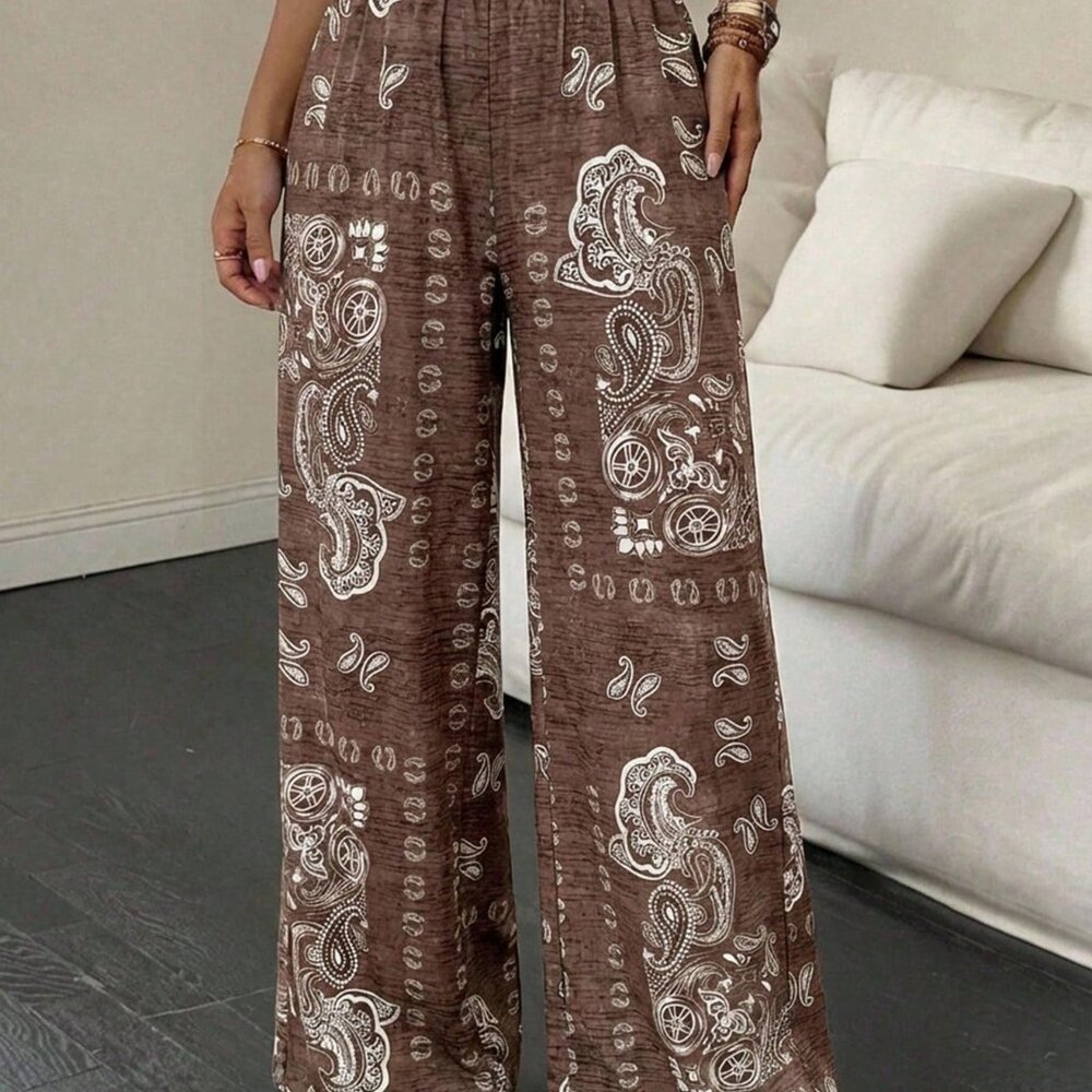 Multicolor Boho Women's Long Print Palazzo Maxi Trousers - Picture 4 of 7